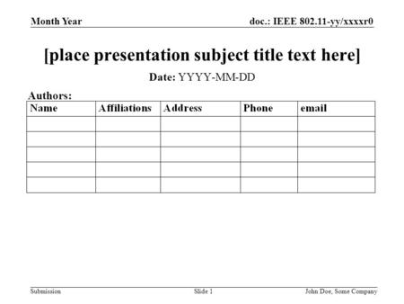 Doc.: IEEE 802.11-yy/xxxxr0 Submission Month Year John Doe, Some CompanySlide 1 [place presentation subject title text here] Date: YYYY-MM-DD Authors: