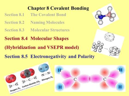 1 Section 8.1The Covalent Bond Section 8.2 Naming Molecules Section 8.3 Molecular Structures Section 8.4 Molecular Shapes (Hybridization and VSEPR model)