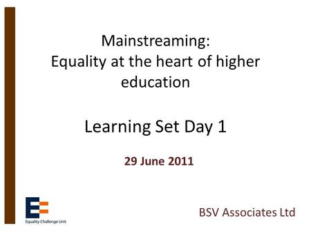 Mainstreaming: Equality at the heart of higher education Learning Set Day 1 29 June 2011 BSV Associates Ltd.