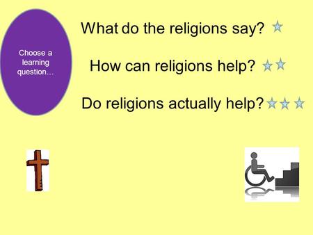 What do the religions say? How can religions help? Do religions actually help? Choose a learning question…