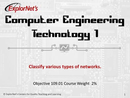 © ExplorNet’s Centers for Quality Teaching and Learning 1 Classify various types of networks. Objective 109.01 Course Weight 2%