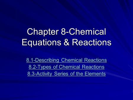 Chapter 8-Chemical Equations & Reactions 8.1-Describing Chemical Reactions 8.1-Describing Chemical Reactions 8.2-Types of Chemical Reactions 8.2-Types.