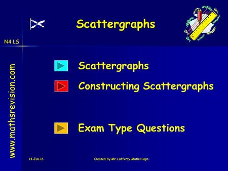 N4 LS 14-Jun-16Created by Mr. Lafferty Maths Dept. Scattergraphs www.mathsrevision.com Scattergraphs Exam Type Questions Constructing Scattergraphs.