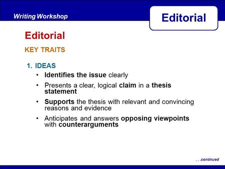 After Reading KEY TRAITS Writing Workshop Editorial...continued 1.IDEAS Identifies the issue clearly Presents a clear, logical claim in a thesis statement.