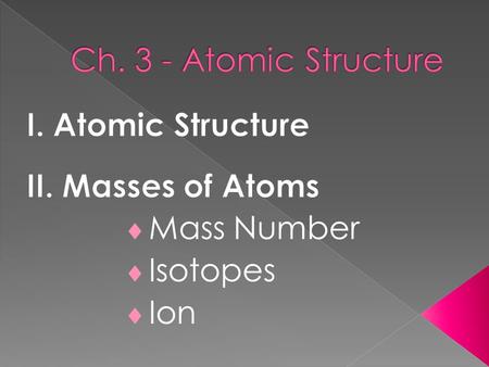 Sub atomic Particles: particles inside an atom  Proton = p +  Electron = e -  Neutron = n 0 Protons & Neutrons have the most mass and are located in.