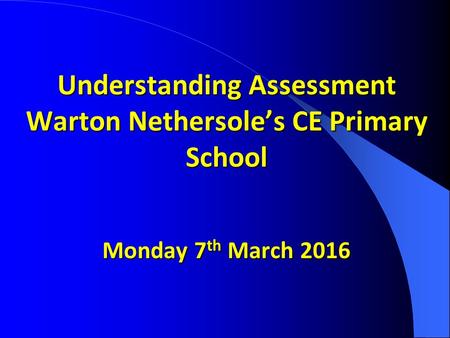 Understanding Assessment Warton Nethersole’s CE Primary School Monday 7 th March 2016 Understanding Assessment Warton Nethersole’s CE Primary School Monday.