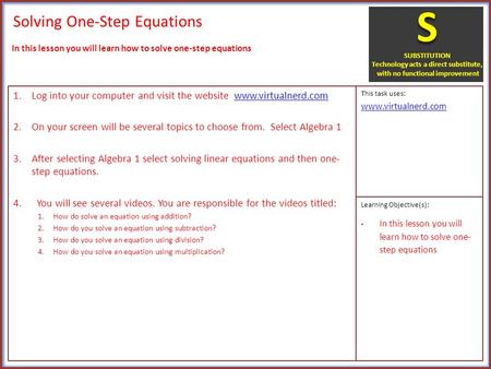 Solving One-Step Equations 1.Log into your computer and visit the website www.virtualnerd.comwww.virtualnerd.com 2.On your screen will be several topics.