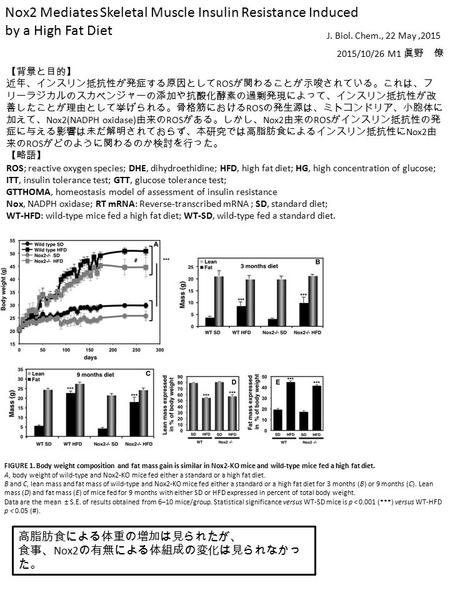 Nox2 Mediates Skeletal Muscle Insulin Resistance Induced by a High Fat Diet J. Biol. Chem., 22 May,2015 2015/10/26 M1 眞野 僚 【背景と目的】 近年、インスリン抵抗性が発症する原因として.