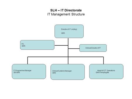SLH – IT Directorate IT Management Structure Director of IT (Acting) QMS IT Programme Manager QE/QMS Clinical Systems Manager QMS PA QMS Head of ICT Operations.