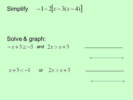 Simplify : Solve & graph: and _____________________ or _____________________.