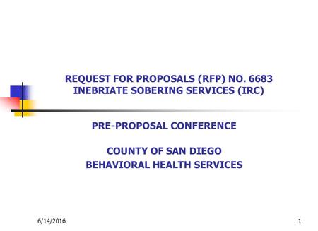 6/14/201611 REQUEST FOR PROPOSALS (RFP) NO. 6683 INEBRIATE SOBERING SERVICES (IRC) PRE-PROPOSAL CONFERENCE COUNTY OF SAN DIEGO BEHAVIORAL HEALTH SERVICES.