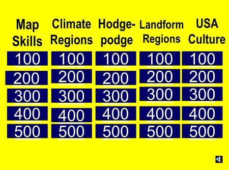 200 300 400 100 200 300 400 500 100 200 300 400 500 100 200 300 400 500 100 200 300 400 500 100 Map Skills Climate Regions Hodge- podge Landform Regions.