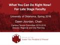 What You Can Do Right Now! For Late Stage Faculty University of Oklahoma, Spring 2016 Dawn Jourdan, Chair Campus Tenure Committee 2015-2016 Director, Regional.