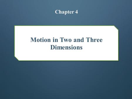 Motion in Two and Three Dimensions Chapter 4. Position and Displacement A position vector locates a particle in space o Extends from a reference point.