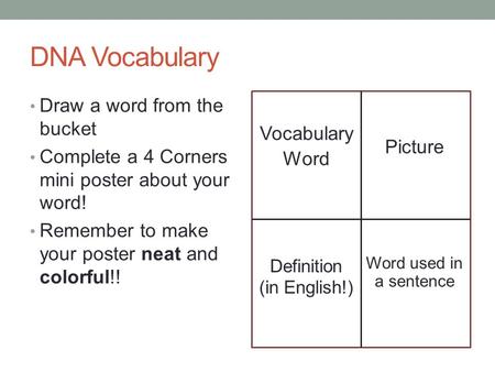 DNA Vocabulary Draw a word from the bucket Complete a 4 Corners mini poster about your word! Remember to make your poster neat and colorful!! Vocabulary.