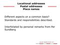 Locational addresses Postal addresses Place names Different aspects on a common basis? Standards and responsibilities described. Interfoliated by personal.