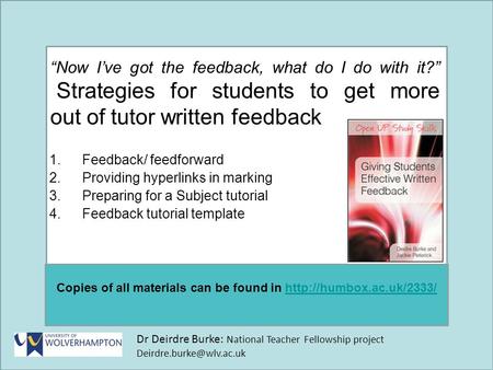 Dr Deirdre Burke: National Teacher Fellowship project Copies of all materials can be found in