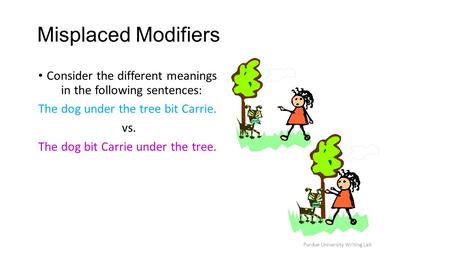 Purdue University Writing Lab Misplaced Modifiers Consider the different meanings in the following sentences: The dog under the tree bit Carrie. vs. The.