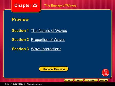 Chapter 22 The Energy of Waves Preview Section 1 The Nature of WavesThe Nature of Waves Section 2 Properties of WavesProperties of Waves Section 3 Wave.