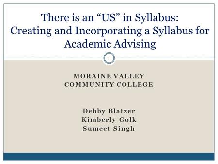MORAINE VALLEY COMMUNITY COLLEGE Debby Blatzer Kimberly Golk Sumeet Singh There is an “US” in Syllabus: Creating and Incorporating a Syllabus for Academic.