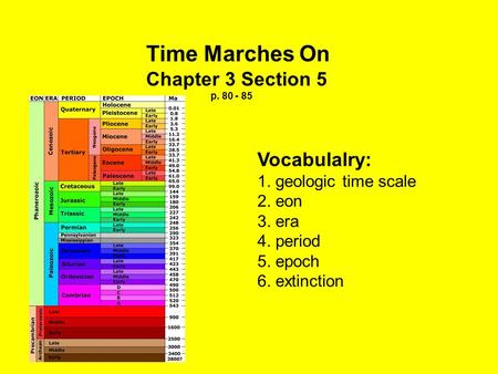 Time Marches On Chapter 3 Section 5 p. 80 - 85 Vocabulalry: 1. geologic time scale 2. eon 3. era 4. period 5. epoch 6. extinction.