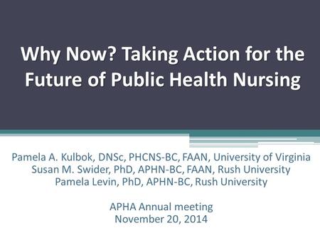 Why Now? Taking Action for the Future of Public Health Nursing Pamela A. Kulbok, DNSc, PHCNS-BC, FAAN, University of Virginia Susan M. Swider, PhD, APHN-BC,