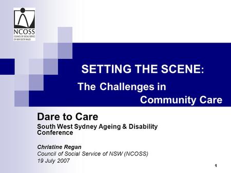 1 SETTING THE SCENE : The Challenges in Community Care Dare to Care South West Sydney Ageing & Disability Conference Christine Regan Council of Social.
