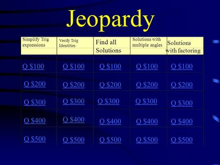Jeopardy Simplify Trig expressions Verify Trig Identities Find all Solutions Solutions with multiple angles Solutions with factoring Q $100 Q $200 Q $300.