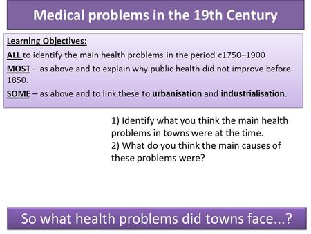 Medical problems in the 19th Century Learning Objectives: ALL to identify the main health problems in the period c1750–1900 MOST – as above and to explain.