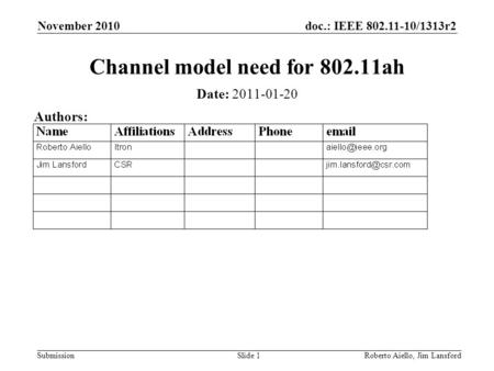 Doc.: IEEE 802.11-10/1313r2 Submission November 2010 Roberto Aiello, Jim LansfordSlide 1 Channel model need for 802.11ah Date: 2011-01-20 Authors: