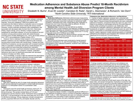 Medication Adherence and Substance Abuse Predict 18-Month Recidivism among Mental Health Jail Diversion Program Clients Elizabeth N. Burris 1, Evan M.