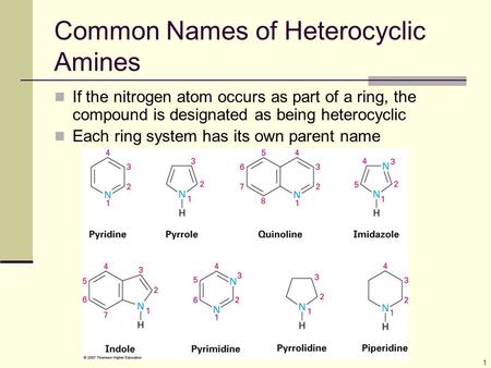 1 Common Names of Heterocyclic Amines If the nitrogen atom occurs as part of a ring, the compound is designated as being heterocyclic Each ring system.