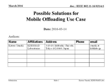 Submission doc.: IEEE 802.11-16/0314r1 March 2016 Katsuo Yunoki, KDDI R&D Labs.Slide 1 Possible Solutions for Mobile Offloading Use Case Date: 2016-03-14.
