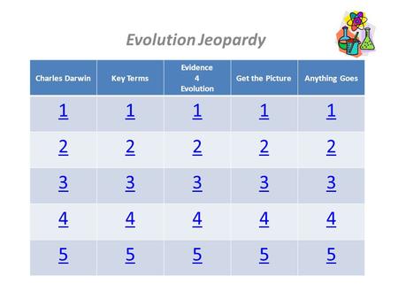 Evolution Jeopardy Charles DarwinKey Terms Evidence 4 Evolution Get the PictureAnything Goes 11111 22222 33333 44444 55555.