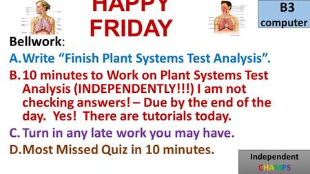 Bellwork: A.Write “Finish Plant Systems Test Analysis”. B.10 minutes to Work on Plant Systems Test Analysis (INDEPENDENTLY!!!) I am not checking answers!