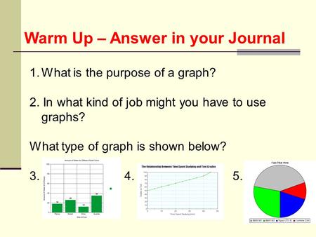 Warm Up – Answer in your Journal 1.What is the purpose of a graph? 2. In what kind of job might you have to use graphs? What type of graph is shown below?