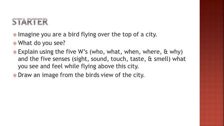  Imagine you are a bird flying over the top of a city.  What do you see?  Explain using the five W’s (who, what, when, where, & why) and the five senses.