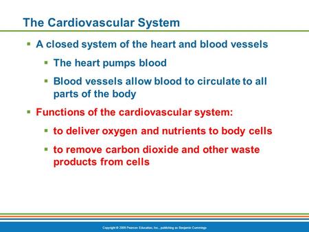 Copyright © 2009 Pearson Education, Inc., publishing as Benjamin Cummings The Cardiovascular System  A closed system of the heart and blood vessels 