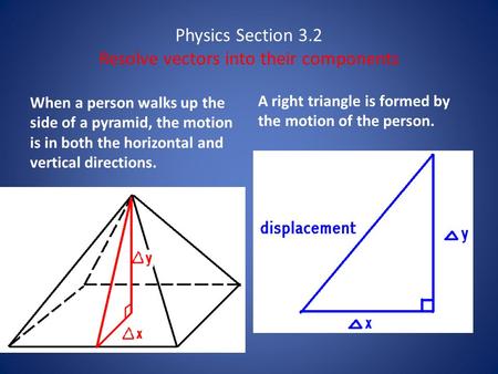 Physics Section 3.2 Resolve vectors into their components When a person walks up the side of a pyramid, the motion is in both the horizontal and vertical.