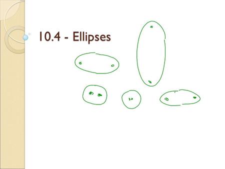 10.4 - Ellipses. ELLIPSE TERMS ca Minor axis Major axis EQUATION FORM Center at origin VERTICES CO-VERTICES MAJOR AXIS MAJOR length MINOR AXIS MINOR length.