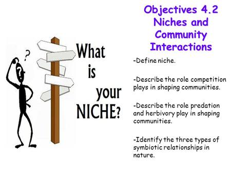 Lesson Overview Lesson Overview Niches and Community Interactions Objectives 4.2 Niches and Community Interactions - - Define niche. -Describe the role.
