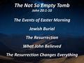 The Not So Empty Tomb John 20:1-10 The Events of Easter Morning Jewish Burial The Resurrection What John Believed The Resurrection Changes Everything.