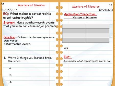 52 Masters of Disaster 10/05/2015 51 10/05/2015 Starter: Name weather/earth events that you know can cause major problems. Application/Connection: Masters.
