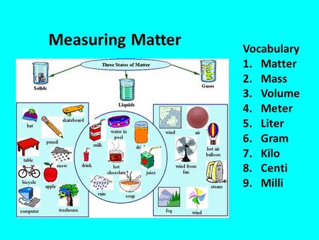 Measuring Matter Vocabulary 1.Matter 2.Mass 3.Volume 4.Meter 5.Liter 6.Gram 7.Kilo 8.Centi 9.Milli.