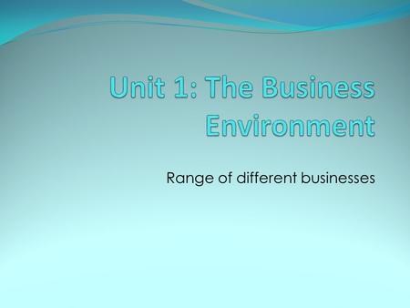 Range of different businesses. Unit Overview: On completion of this unit you should: 1. Know the range of different businesses and their ownership 2.