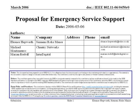 Doc.: IEEE 802.11-06/0450r0 Submission March 2006 Eleanor Hepworth, Siemens Roke ManorSlide 1 Proposal for Emergency Service Support Notice: This document.