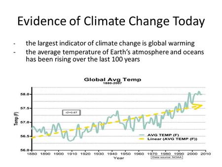 Evidence of Climate Change Today - the largest indicator of climate change is global warming -the average temperature of Earth’s atmosphere and oceans.