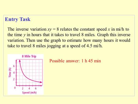 Entry Task The inverse variation xy = 8 relates the constant speed x in mi/h to the time y in hours that it takes to travel 8 miles. Graph this inverse.