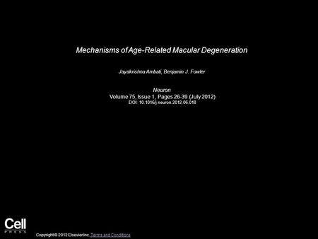 Mechanisms of Age-Related Macular Degeneration Jayakrishna Ambati, Benjamin J. Fowler Neuron Volume 75, Issue 1, Pages 26-39 (July 2012) DOI: 10.1016/j.neuron.2012.06.018.