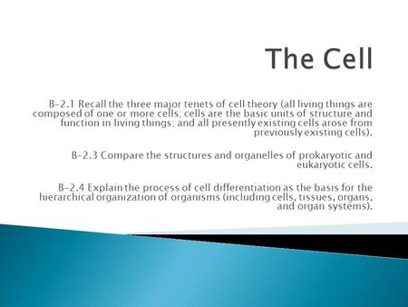 B-2.1 Recall the three major tenets of cell theory (all living things are composed of one or more cells; cells are the basic units of structure and function.